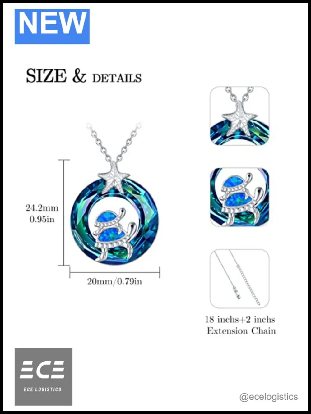 Sterling Silver Turtle Pendant Necklace 18in Adjustable Crystal